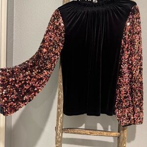 Sequin Sleeve Black Velvet Top